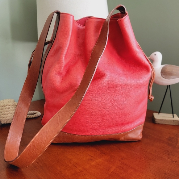 Furla Drawstring Bucket Bag Red Leather With Tan Brown Leather Trim - Picture 1 of 15